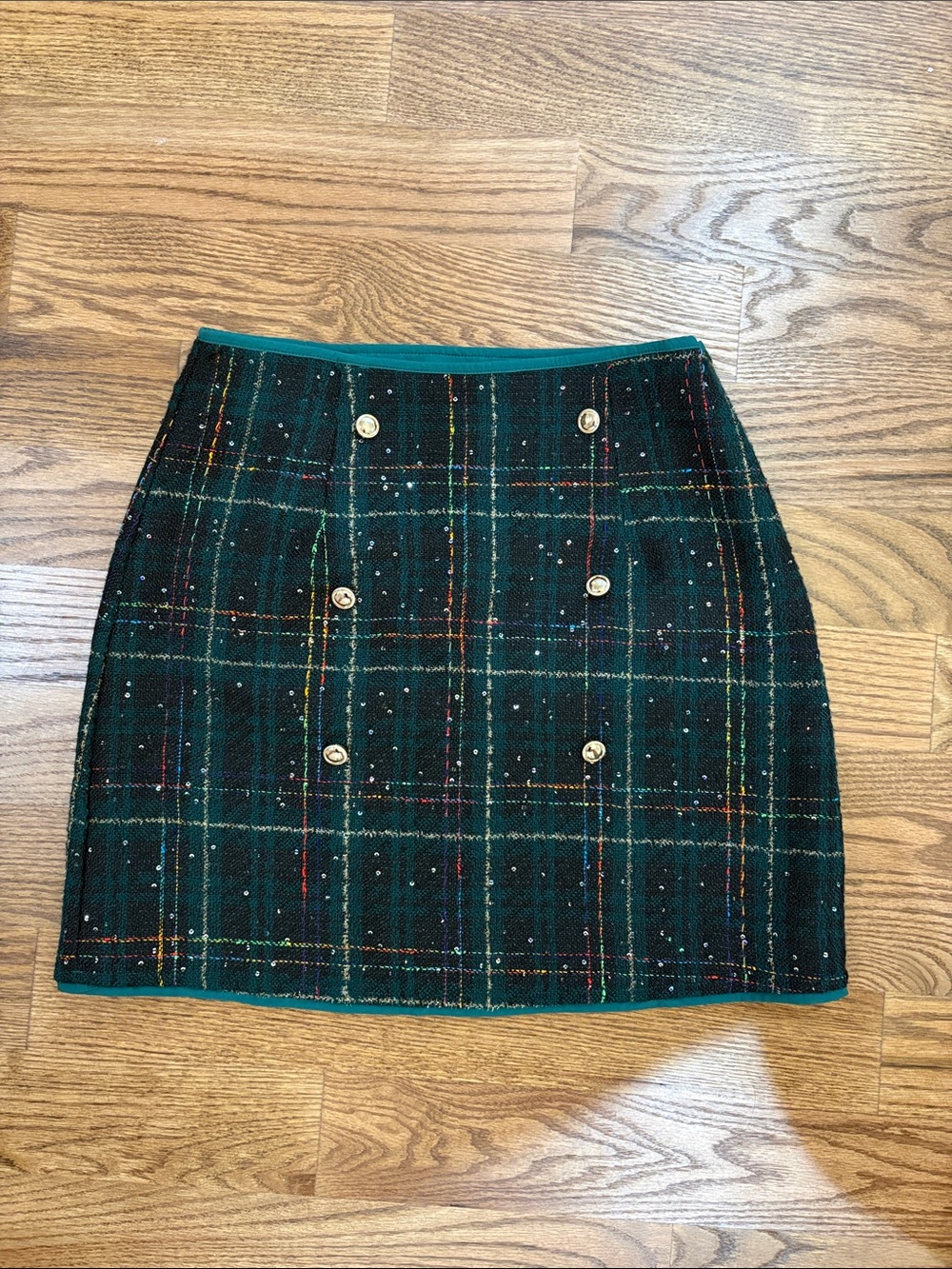 Cupshe Dark Green Plaid Tweed Mini Skirt with Gold Buttons